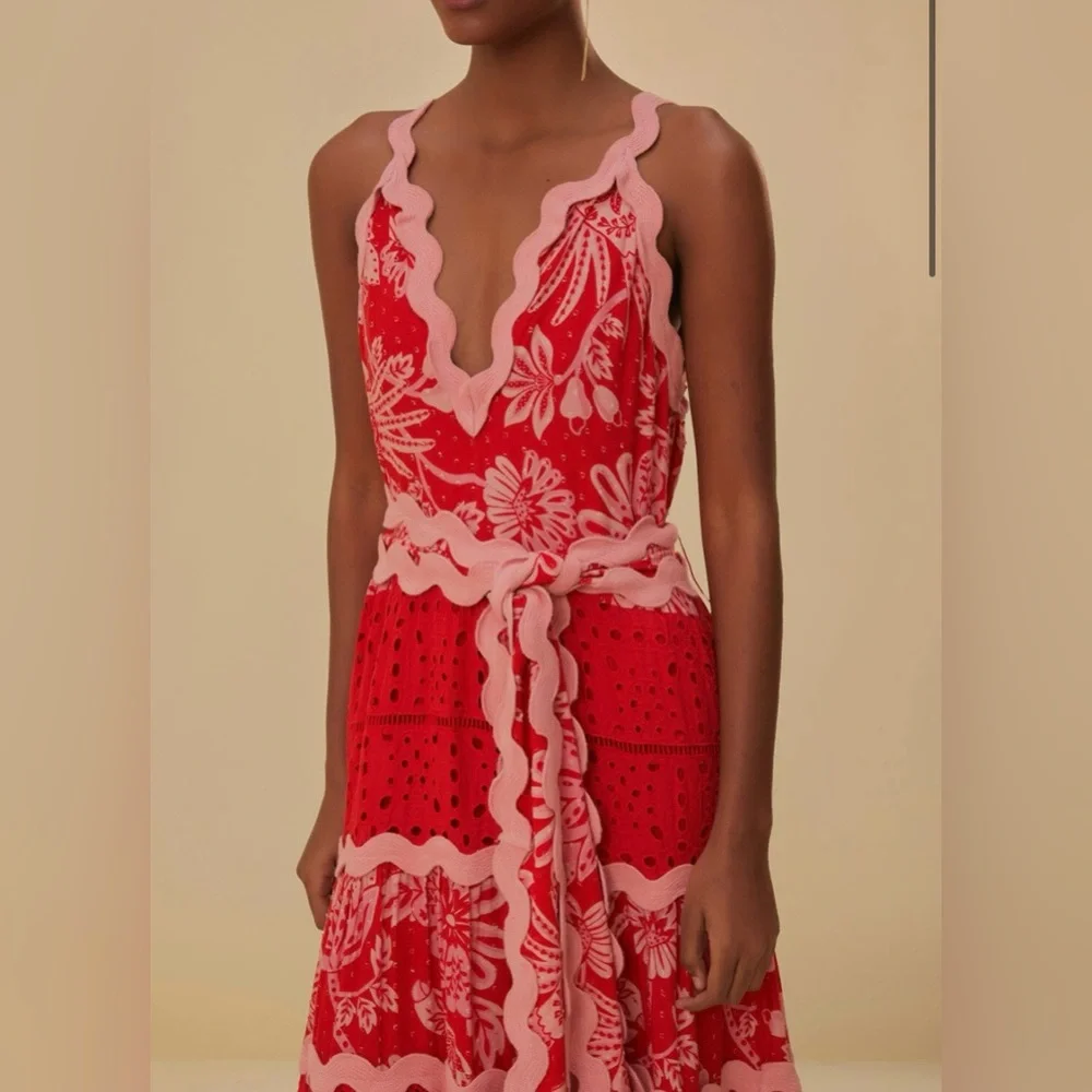 NWT FARM Rio Flowerful Birds Red Mix Midi Dress Sz XL - Picture 8 of 8